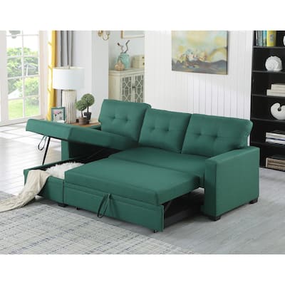 Green Linen Upholstered Pull out Sectional Sofa with Chaise