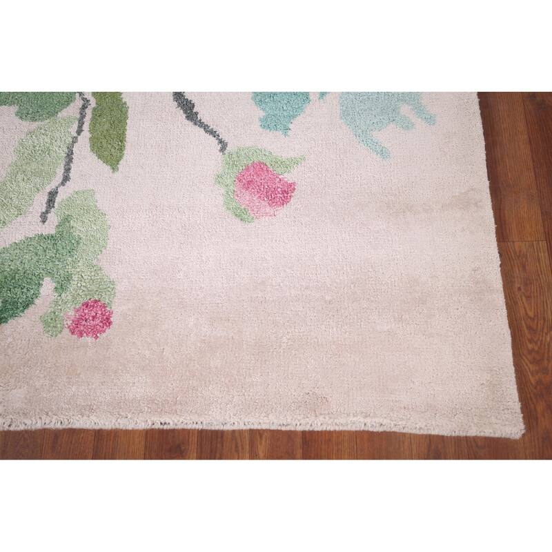 Handmade Abstract Indian Area Rug Beige Oriental Wool & Silk Carpet - 6'7"x 9'9"