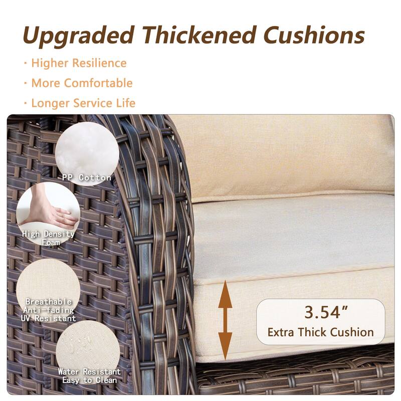 Brown Wicker Outdoor Patio Conversation Seating Sets with Beige Cushions