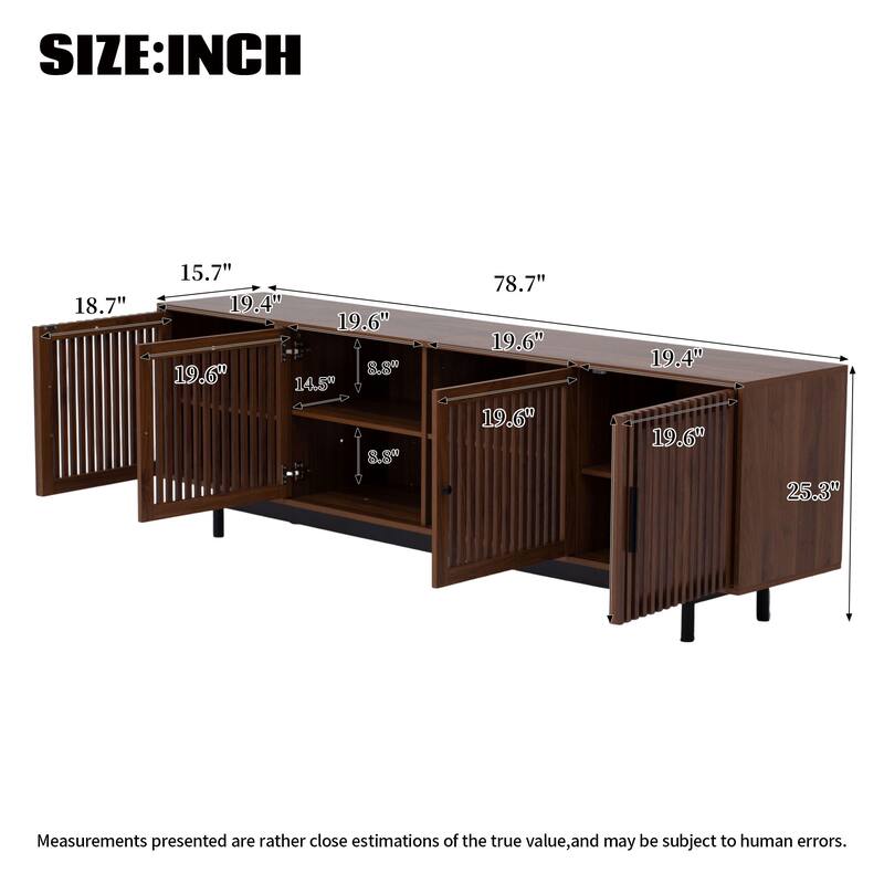 Slatted Door Design TV Cabinet TV Stand for TVs up to 85", Solid Wood Legs, Walnut