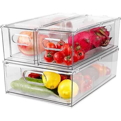 3 Pack Stackable Refrigerator Organizer Bins with Pull-out Drawer