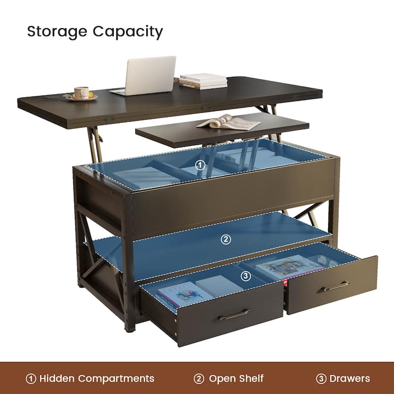 Coffee Table Lift Top 2 Drawers Hidden Compartment for Living Room