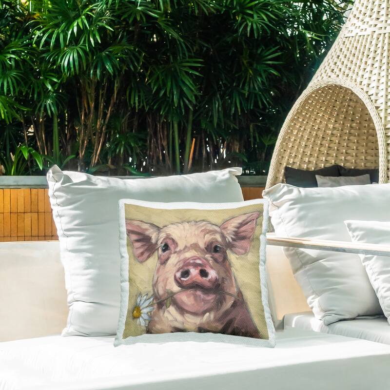 Stupell Pig Holding Daisy Sprig Printed Outdoor Throw Pillow Design by Sara G. Designs