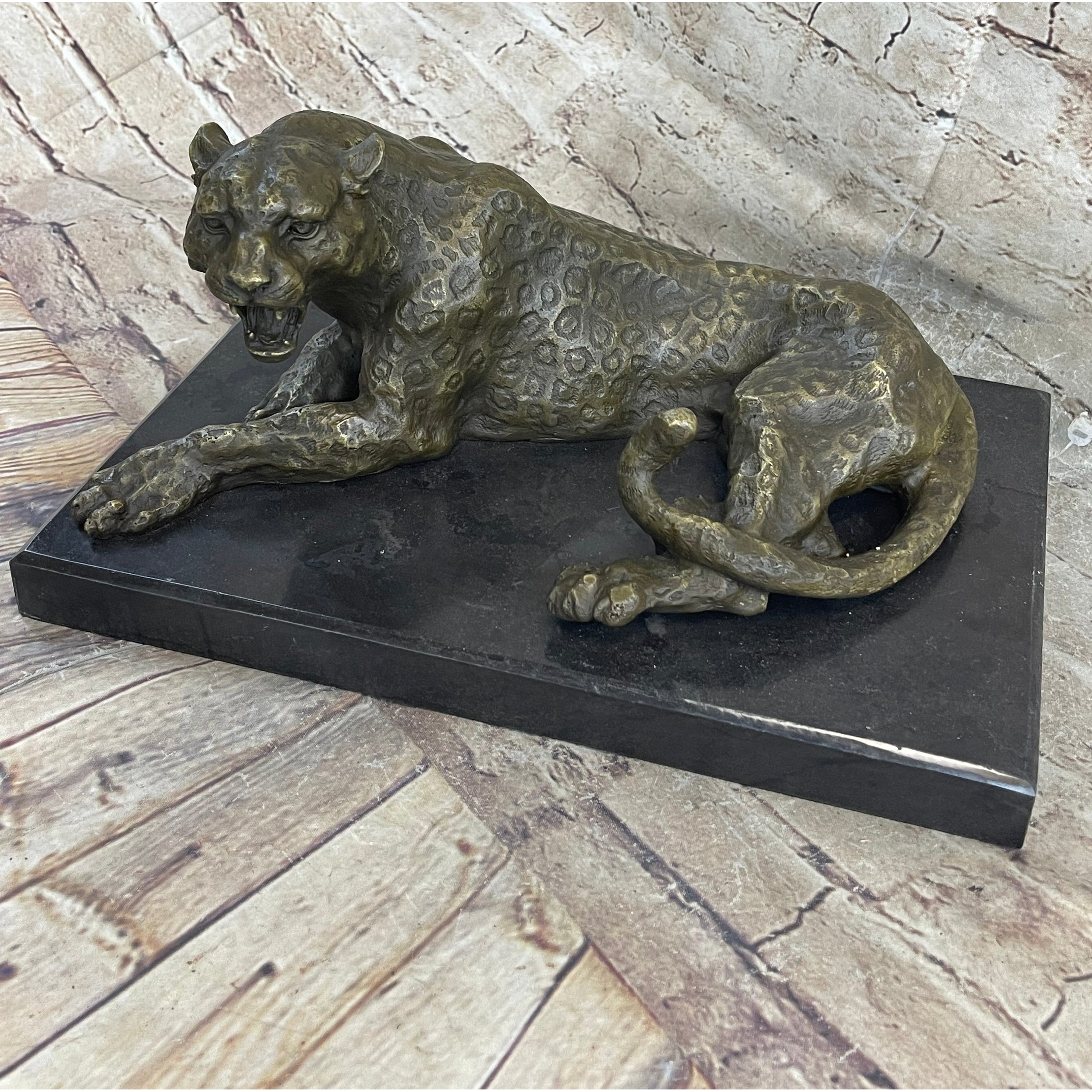 Signed Original Large Leopard Jaguar Bronze Sculpture Marble Figurine Statue Art