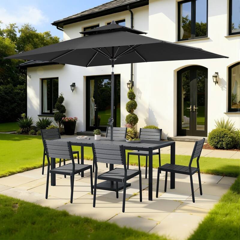 9/11-Piece Outdoor Dining Set w/10 ft Umbrella and Base Aluminum Dining Table and Stackable Chairs - Set of 9 - Grey Table with Black Umbrella