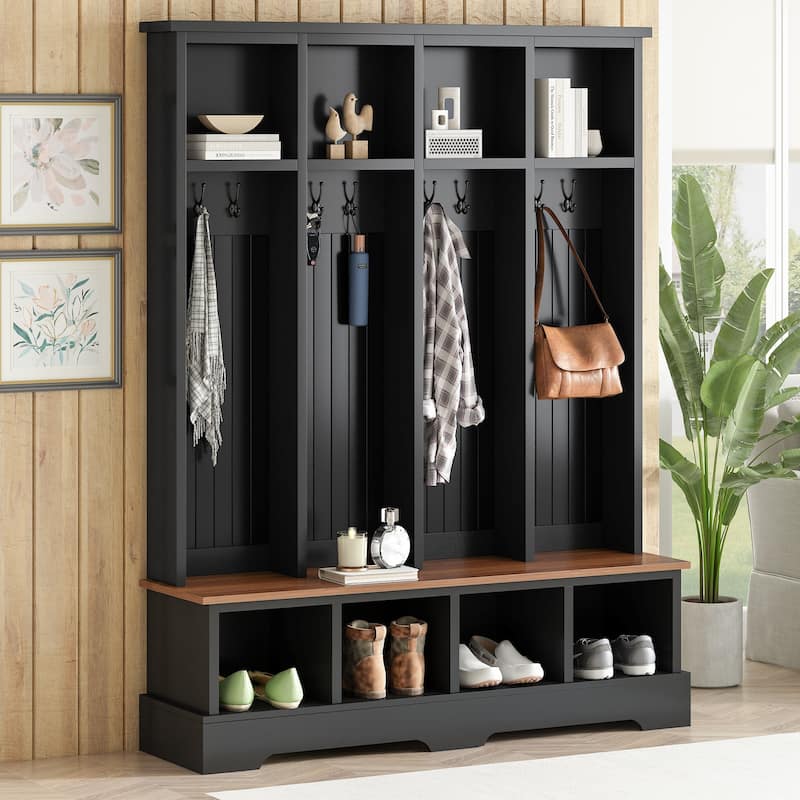 Farmhouse 59" Wide Hall Tree with 8 Hooks - Entryway Bench with Storage, 76.7" Tall Wooden Coat & Shoe Rack for Mudrooms.