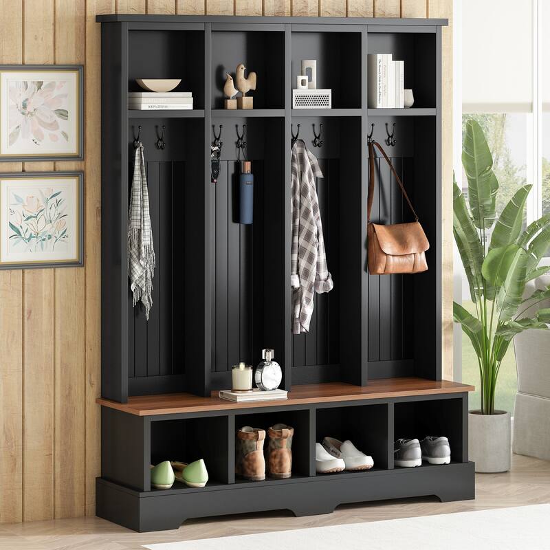 Farmhouse 59"W Wide Hall Tree with 8 Hooks, Practical Entryway Bench with Open Compartments - Black
