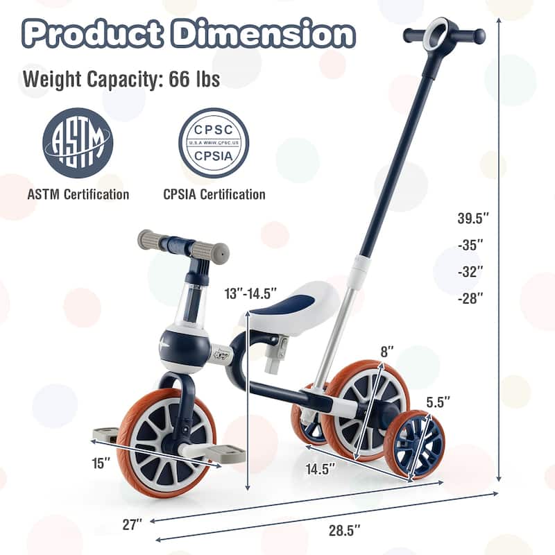4-in-1 Adjustable Kids Tricycle with Parental Handle and EVA Wheels Safe Riding for Toddlers - 14.5" x 28.5" x 39.5"