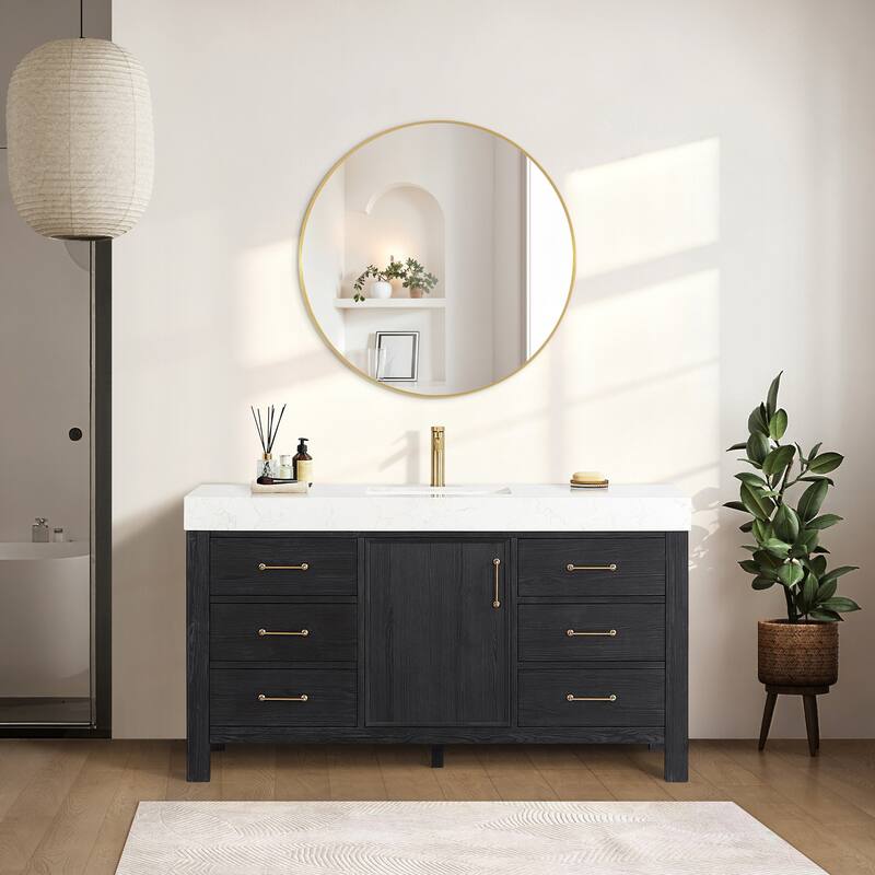 Leon 60 in. Single Bathroom Vanity with Composite Stone Top - 60 in. - Black - With Mirror