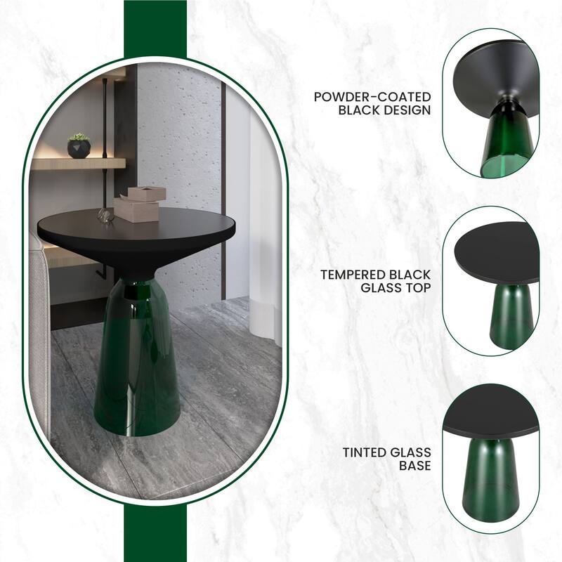 19-Inch Side Table Round Glass/Stone Tabletop End Table with Black Iron Rim and Glass Base