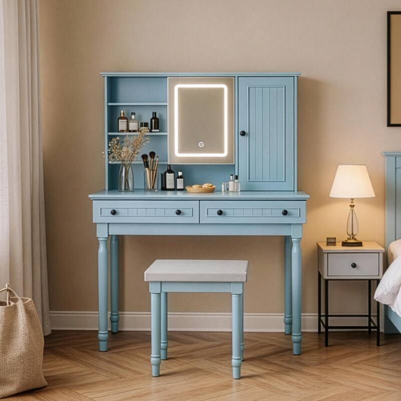 Vanity Desk with Adjustable Lighted Mirror & Upholstered Stool