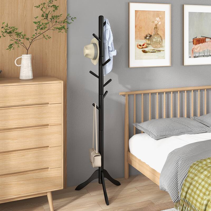 8 Hook Adjustable Wooden Tree Coat Rack for Home Office Hall - 19.5" x 19.5" x 54.5"/ 69"