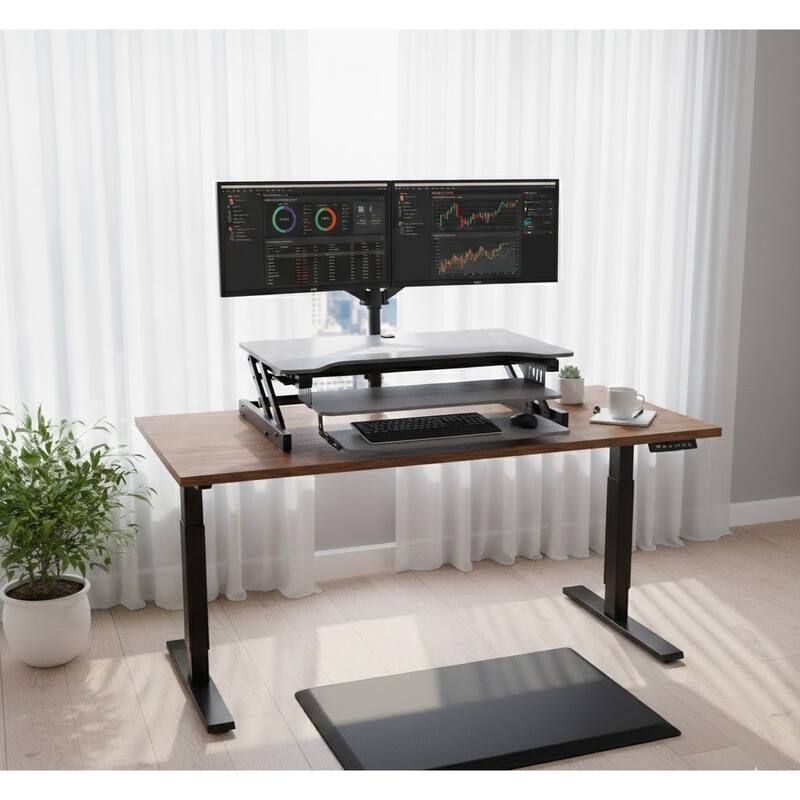 Rocelco 37.5 in. W Gray Height Adjustable Standing Desk Converter with Dual Monitor Mount, Anti Fatigue Mat and Gray Finish