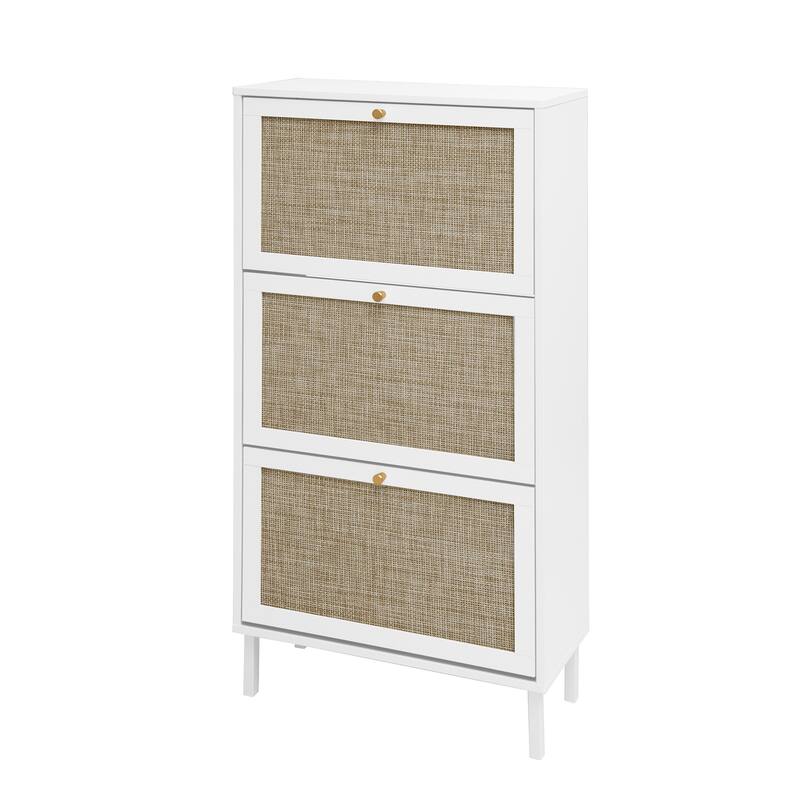 Shoe Storage Cabinet with 3 Flip Drawers, Freestanding 3-Tier Shoe Rack, Slim Shoe Organizer with Half Round Woven Rattan Doors