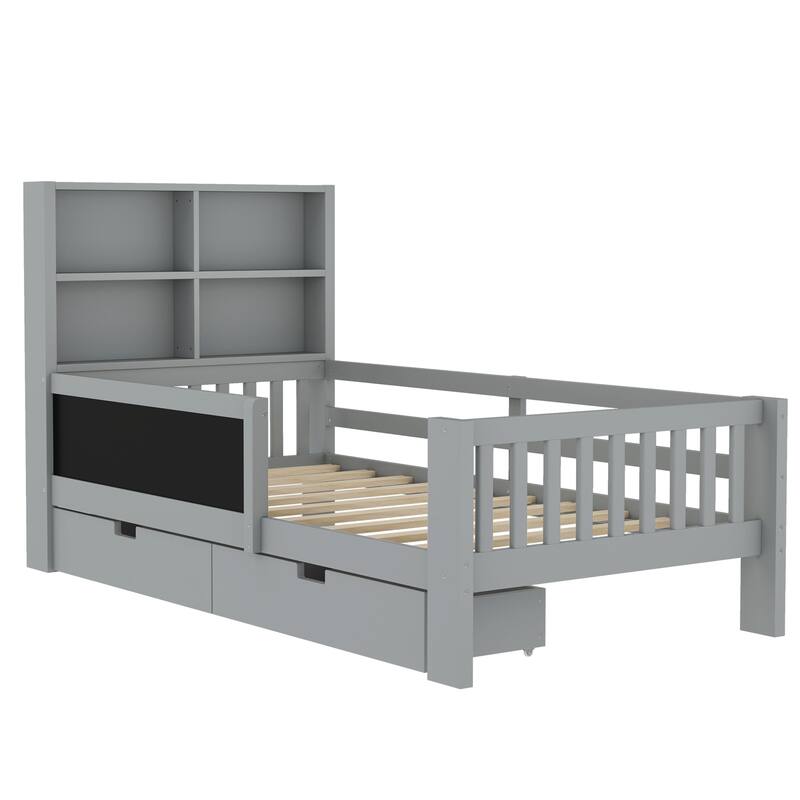 Childlike Fun Solid Wood Low-profile Platform Bed Storage Bed Frame with Side Chalkboard, Open Shelves, Drawers and Guardrails