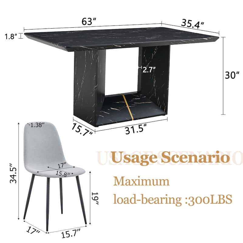 Roomfitters 5pcs Black Marble MDF Dining Table Set with Spoon Shaped PU Side Chairs, Mid-Century Style