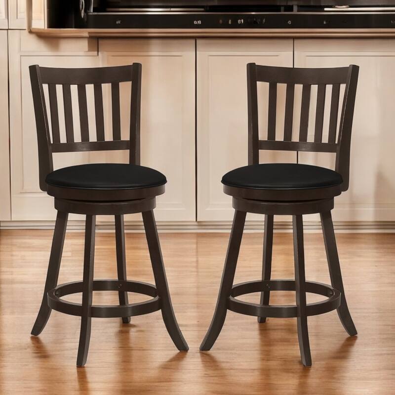 Set of 2 Swivel Round Faux Leather Seat Bar Stool with Full Back and Footrest Wood Legs for Kitchen