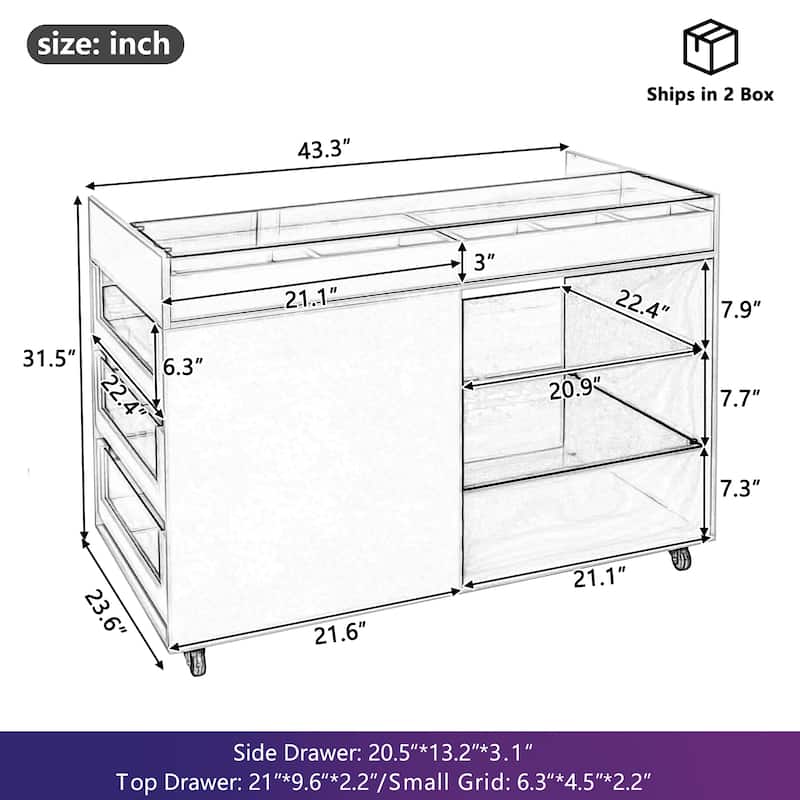Roomfitters Multi-Functional Storage Island Vanity Console with Glass Display Shelves and Reversible Top, White