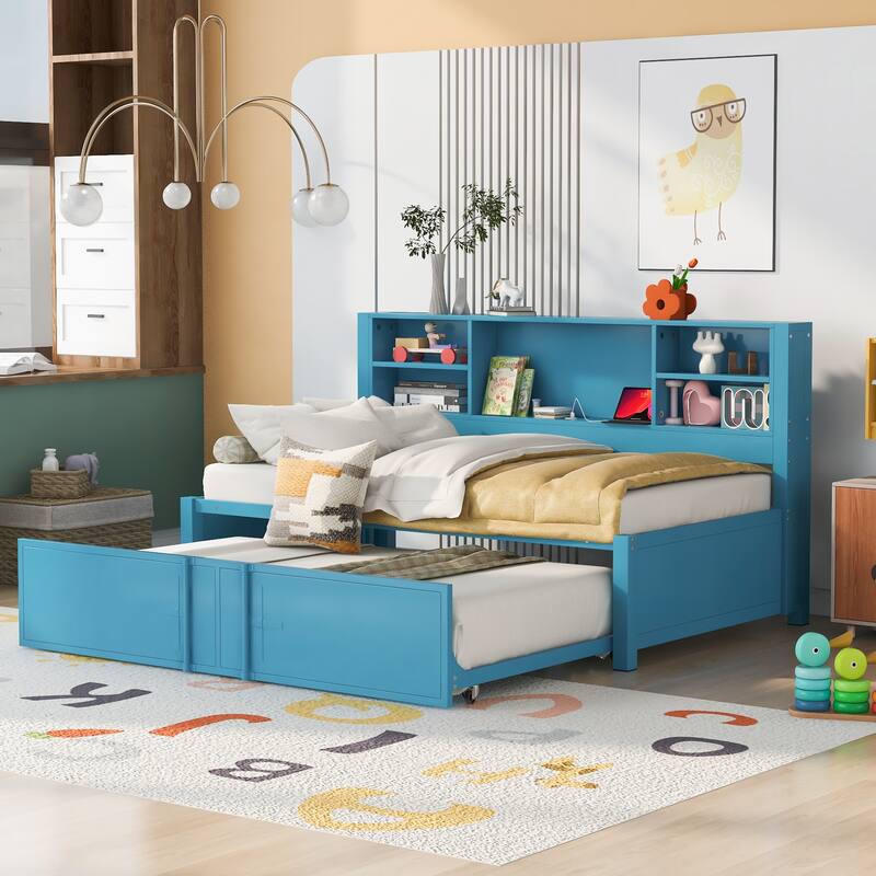 Blue Twin Size Daybed with Trundle, Storage Shelves, and USB Ports