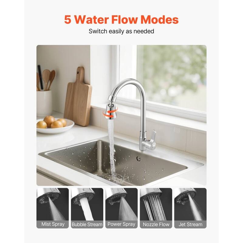Silver Rotatable Faucet Extender with 5 Water Flow Modes and Core - 1.6 x 1.6 x 2.8 in