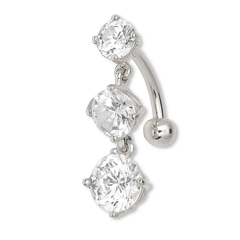 Curata Solid 14k Yellow or White Gold Triple Drop Round Cubic Zirconia t Belly Dangle -8mm x 25mm - White Gold
