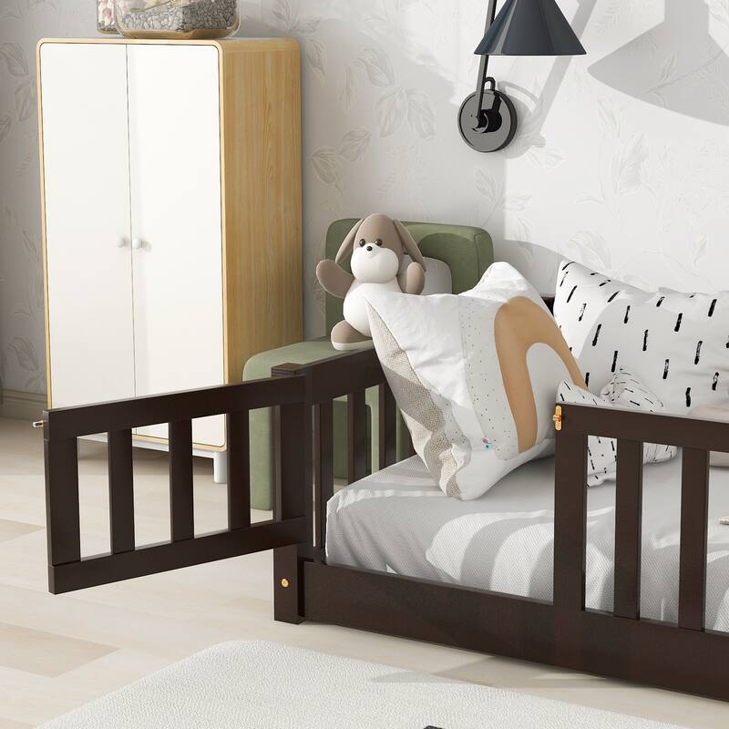 Twin Size Floor Bed with Fence and Door, Rubber Wood Floor Bed with Safety Guardrails