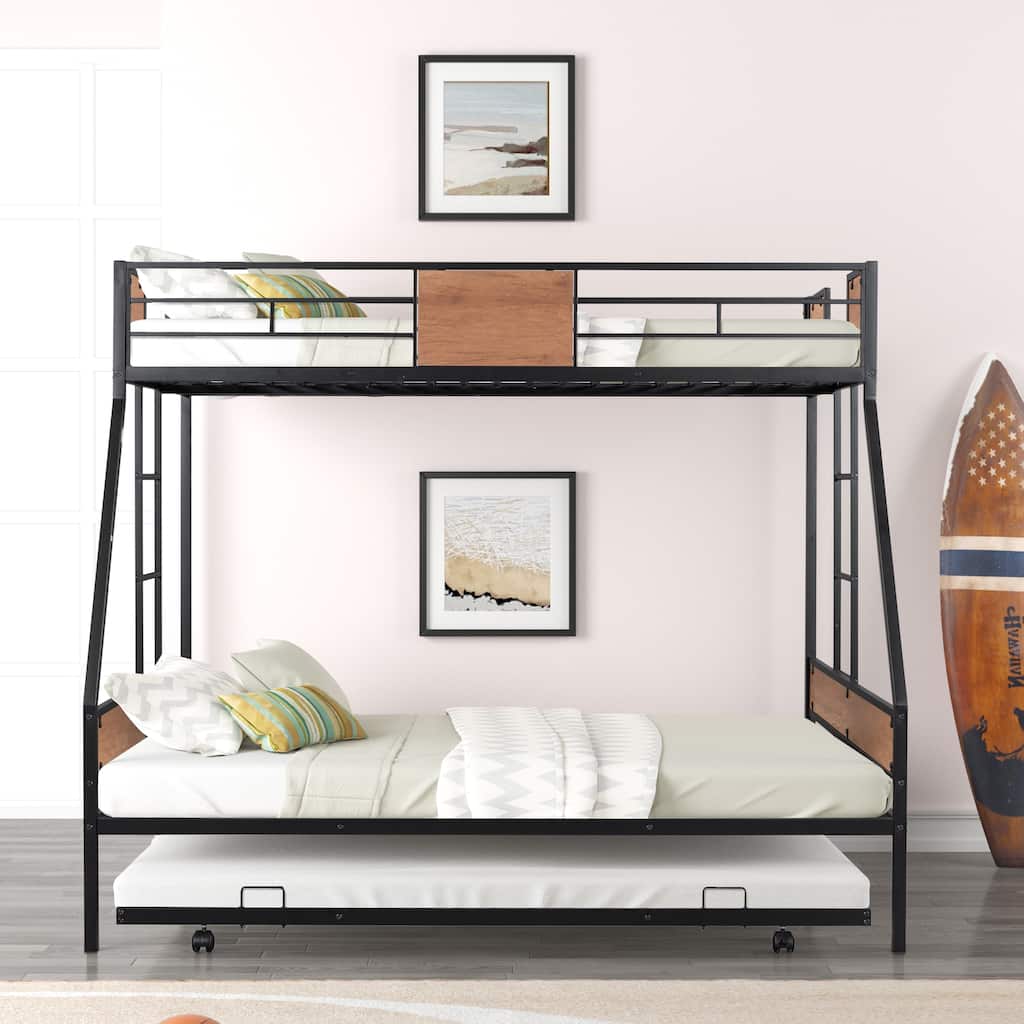 Twin over Full Metal Bunk Bed with Trundle, Heavy-duty Metal Bedframe