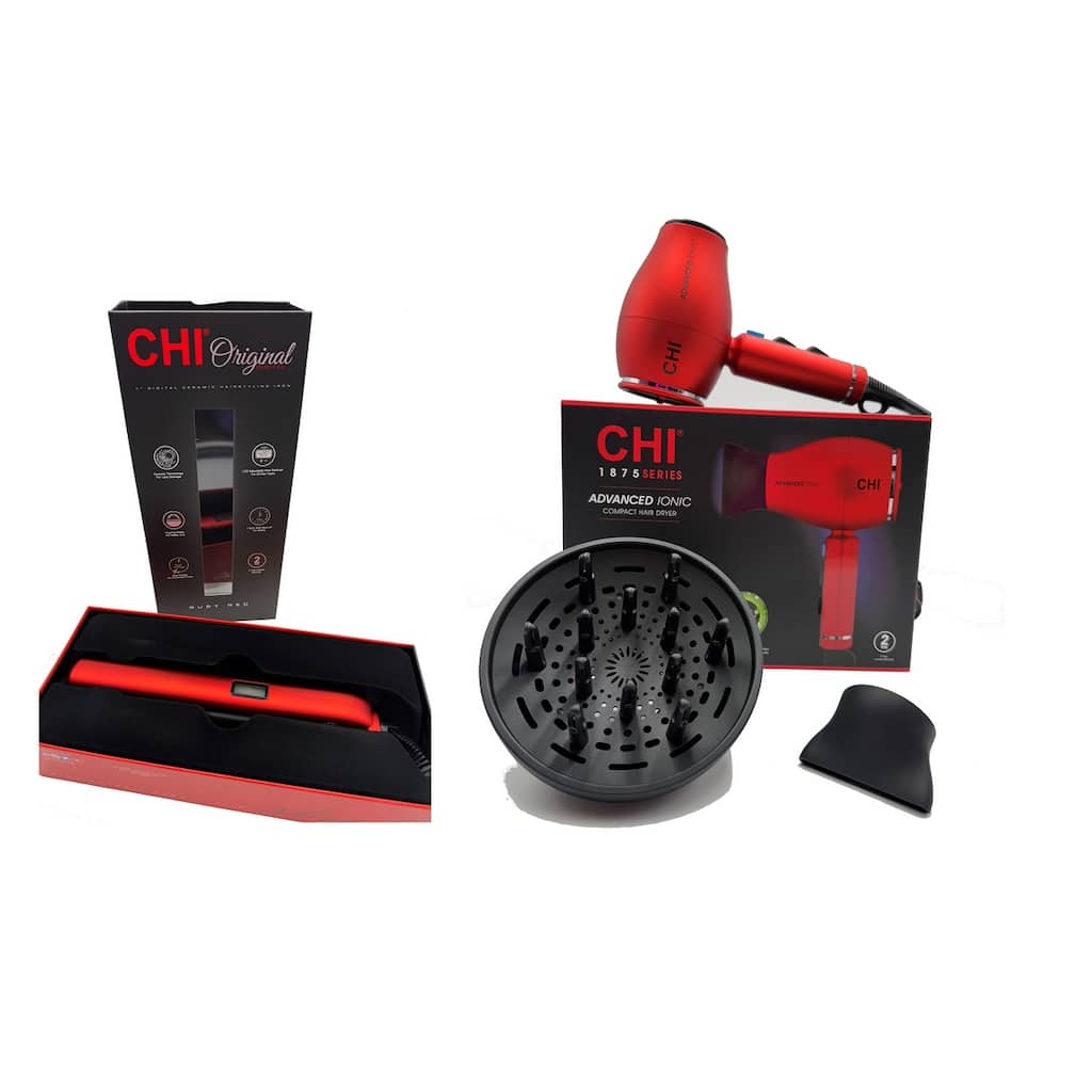 CHI Original Digital Hairstyling Iron 1" and 1875 Series Ionic Compact Hair Dryer Set