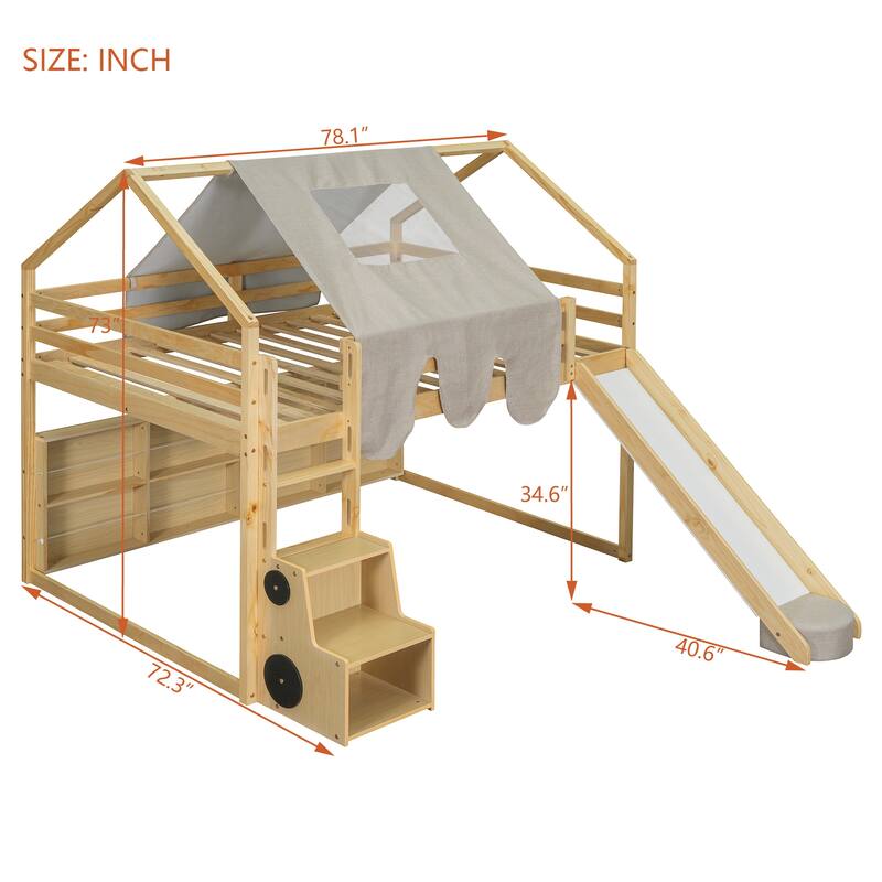 House-Shaped Wooden Loft Bed with Tent, Slide, and Storage - Twin/Full Size