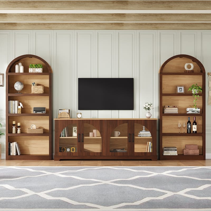 3-Piece Entertainment Center with Bookshelves for TVs up to 70", Retro Wall Unit TV Stand with Glass Doors, Media Console Table