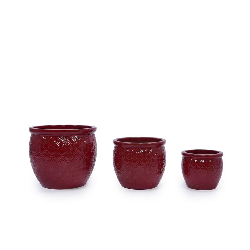 3 Pack Handmade Glazed Ceramic Planter, Ring Pattern Planter Pot