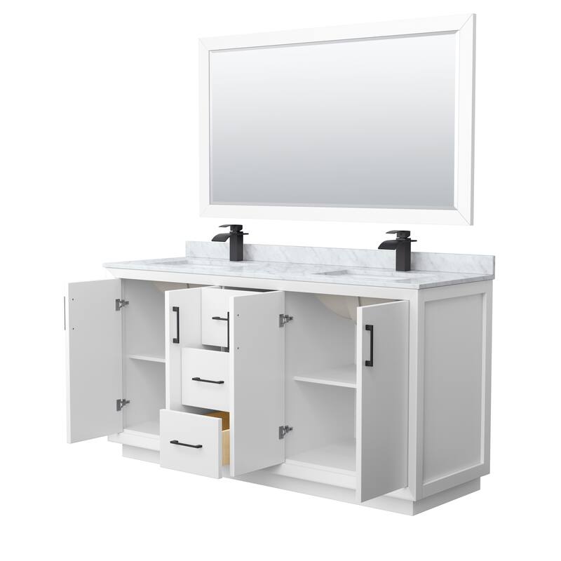 Strada 66-Inch Double Vanity Set, Carrara Marble Top, 58-Inch Mirror