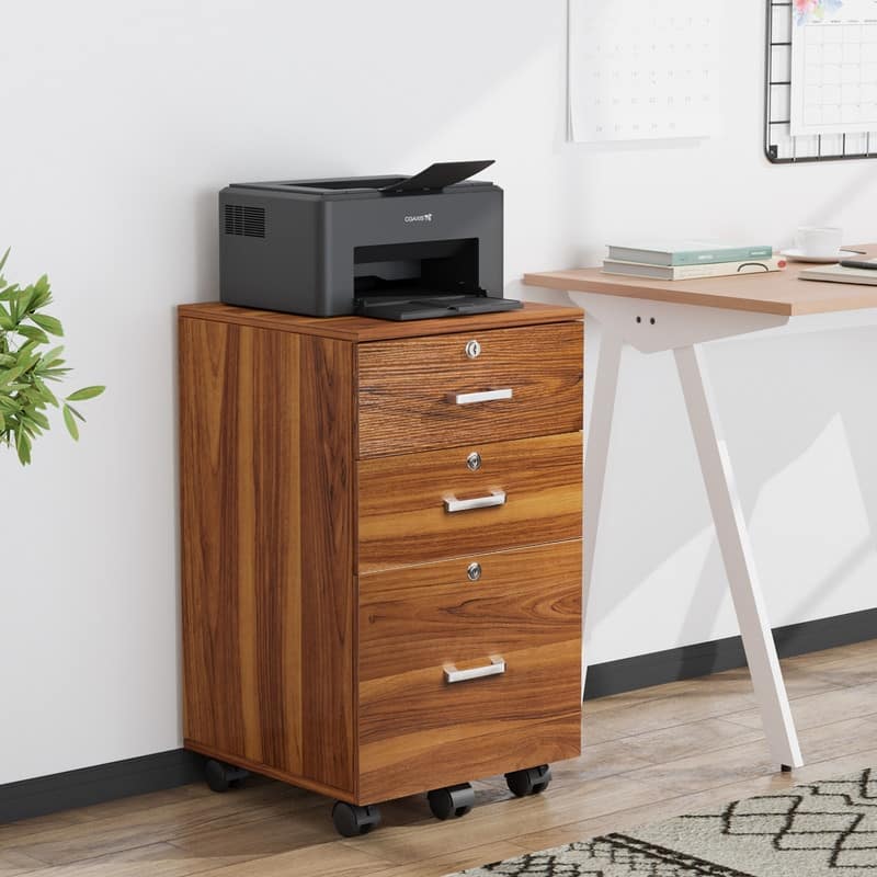 File Cabinet 3-Drawer Rolling Wood with Lock - Walnut