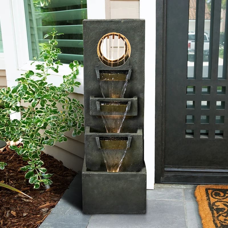 Garden Fountain Outdoor w/LED Lights, Indoor Modern Cascading Floor
