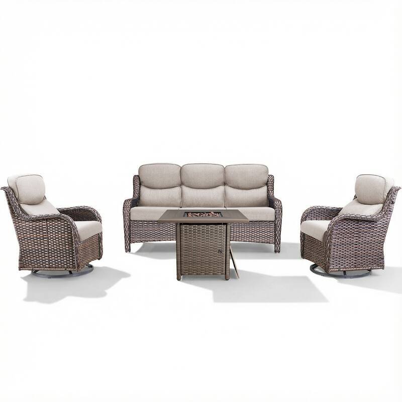 Pocassy Outdoor Propane Fire Pit Table with Sofa Swivel Chair Funiture Set.