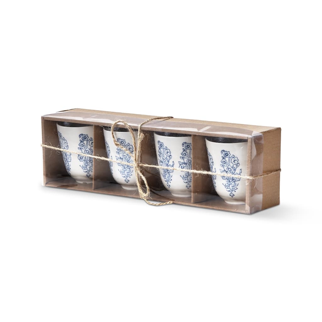 Cottage Blue Floral Stoneware Tea Cup Set of 4, Dishwasher Safe, 6 oz.