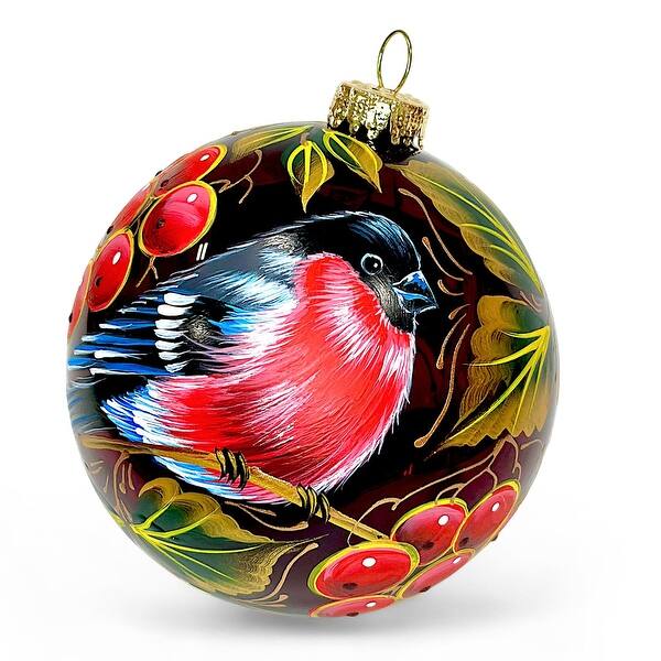slide 2 of 6, Collectible 3.9" Hand-Painted Premium Glass Ornament – Bullfinch on Rowan Tree