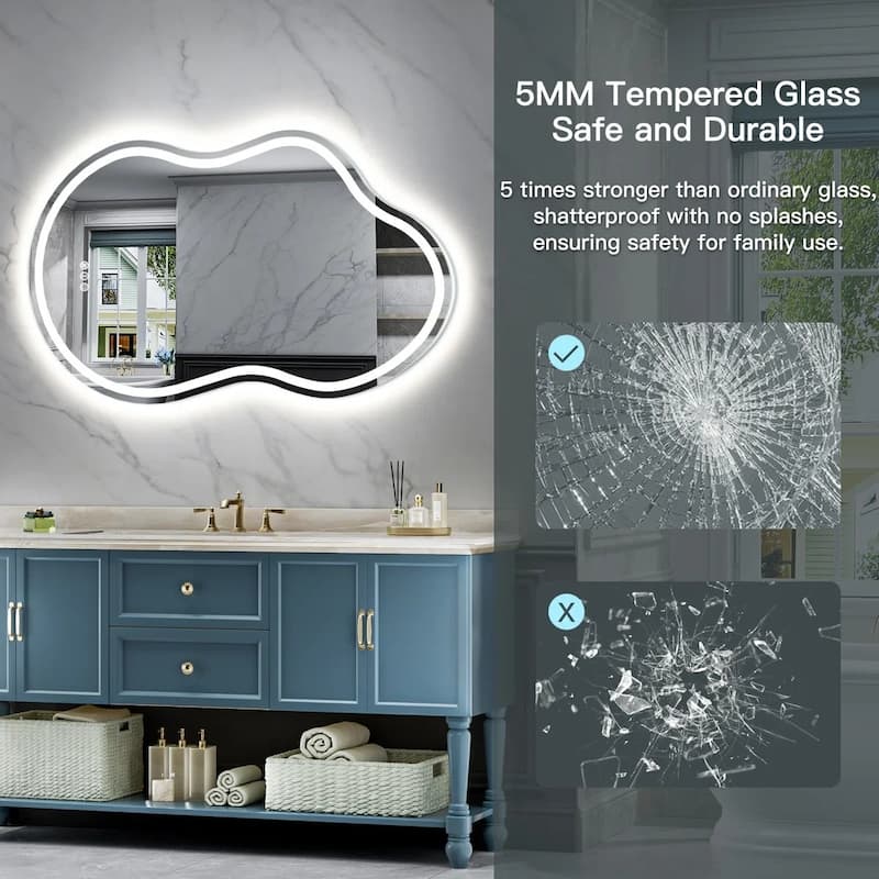Irregular Front & Back LED Lighted Anti-fog Tempered Glass Wall Bathroom Vanity Mirror, ETL Certified, 3-Year Warranty