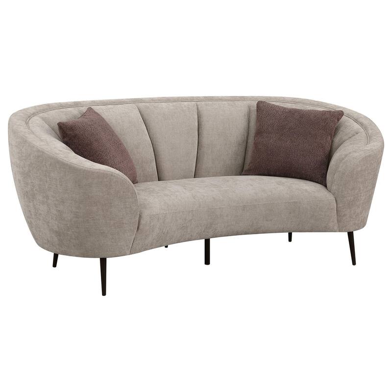 Zui Curved Loveseat, 84 Inch Beige, Round Design, 2 Accent Pillows