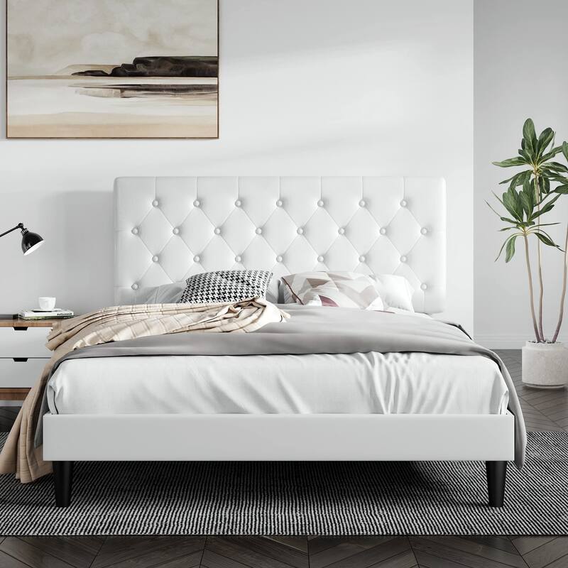 Full Bed Frame w/ Button Tufted Headboard, Faux Leather Upholstered Mattress Foundation, Platform Bed Frame, Wooden Slat Support - White