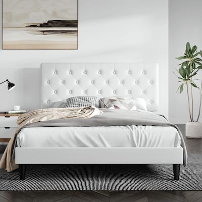 Full Bed Frame w/ Button Tufted Headboard, Faux Leather Upholstered Mattress Foundation, Platform Bed Frame, Wooden Slat Support