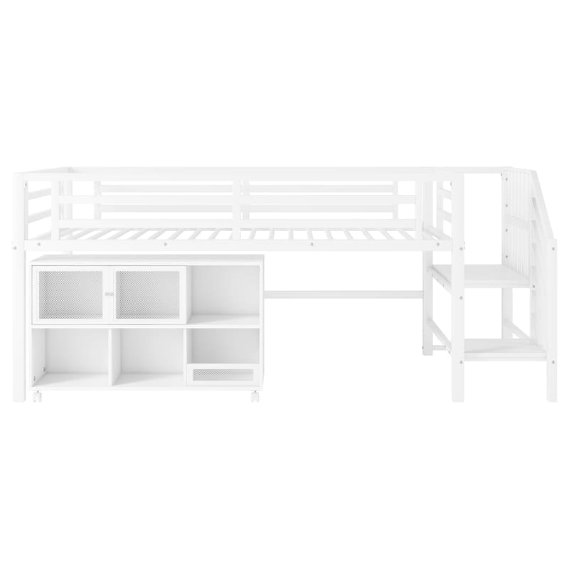 Twin Size Metal Loft Bed with Movable Storage Cabinets, Low Loft Bed Metal Frame Bed with Stairs for Kids