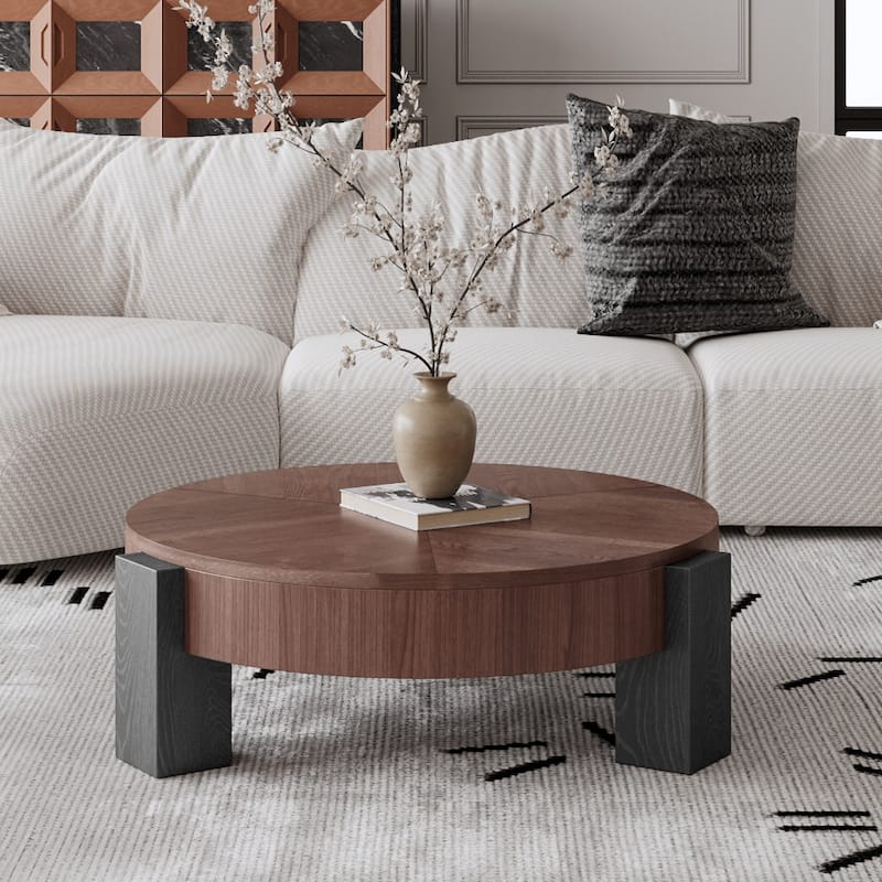 33" Modern Wabi-Sabi Wood Parquet Veneer Top Coffee Table with Hidden Storage