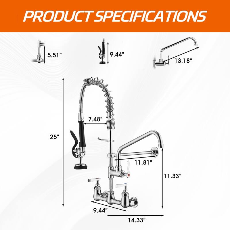 PROOX Wall Mount 25" Commercial Kitchen Faucet with Pre-Rinse Sprayer - 25