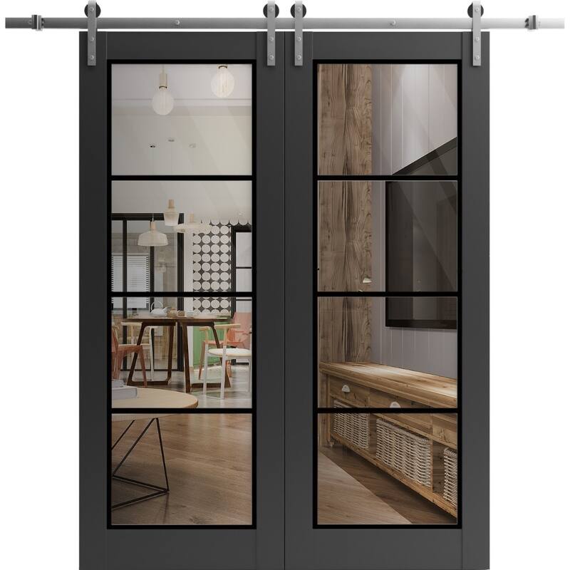 Sturdy Double Barn Door 36 x 80 Lucia 2466 Matte Black Clear Glass 13FT - Black - 36" x 80" ( 2* 18x80)