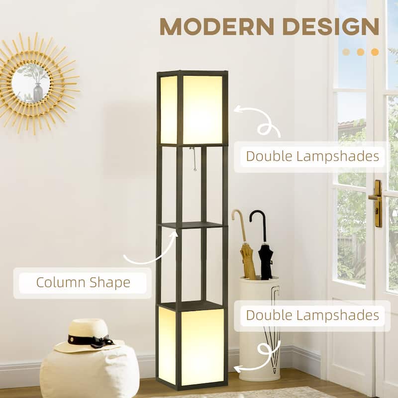 HOMCOM Floor Lamp with Shelves, Dual Light, Modern Tall Standing Lamps, with Fabric Lampshade (Bulb not Included)