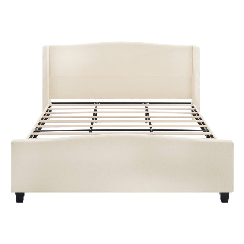 King Size Upholstered Bed Frame with High Back Headboard, Teddy Velvet, Solid Wood Legs, No Box Spring Needed