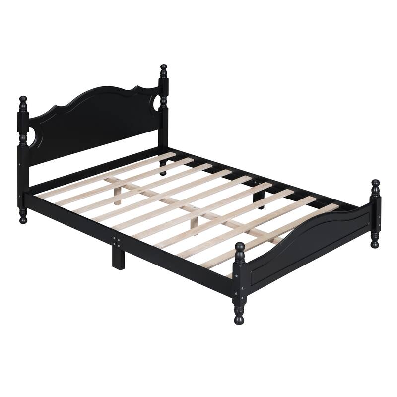Full Size Wooden Bed Frame, Retro Style Platform Bed With Unique Design