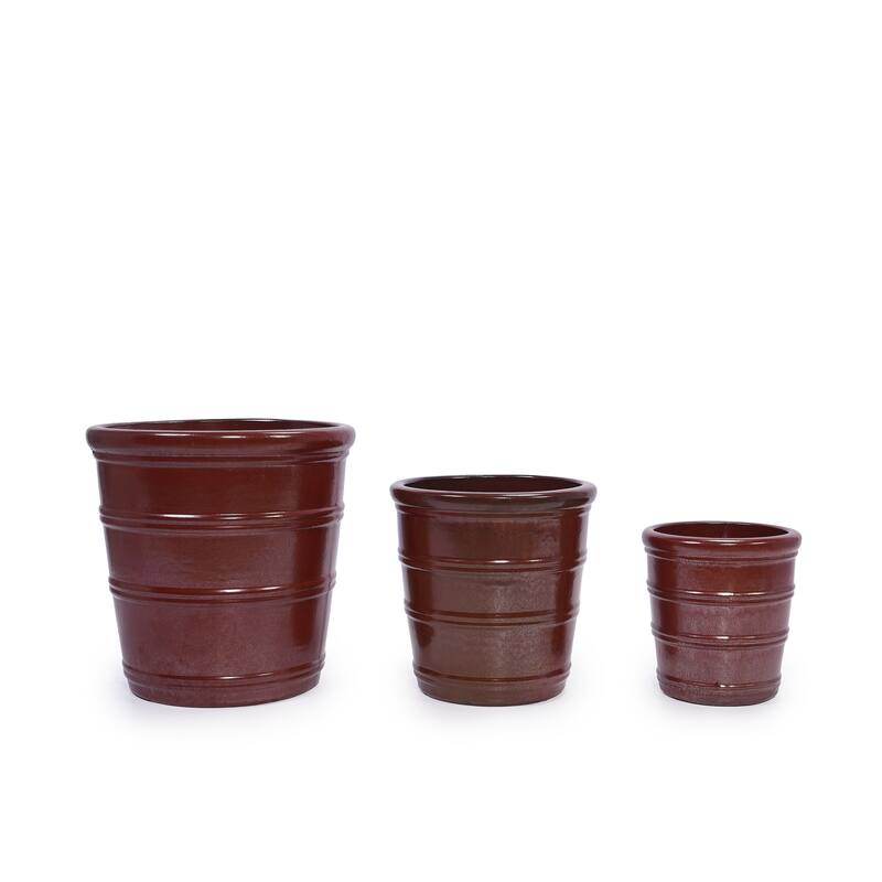 Handmade Glazed Ceramic Planter Set of 3, 16/13/10 Inch Diameter, Horizontal Rib Design