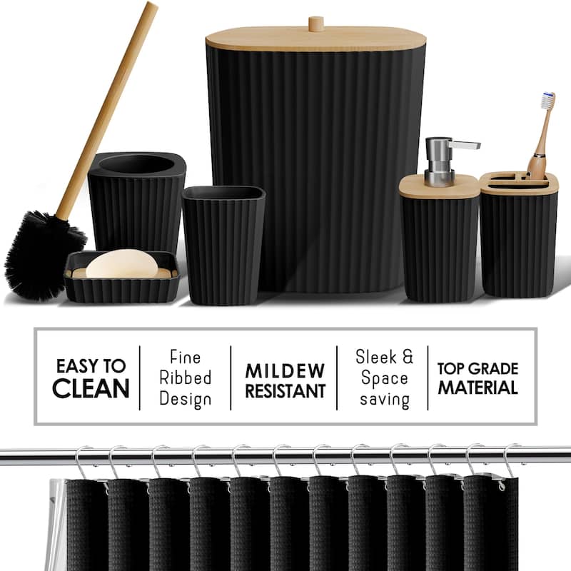Empyrean Bamboo Bathroom Accessories Set with Shower Curtain Set, Toilet Brush, Trash Can & Soap Dispenser